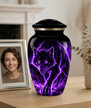 Purple Wolf Cremation Urn for Ashes | Personalized Wolf Memorial Urn | Black Wolf Adult Urn