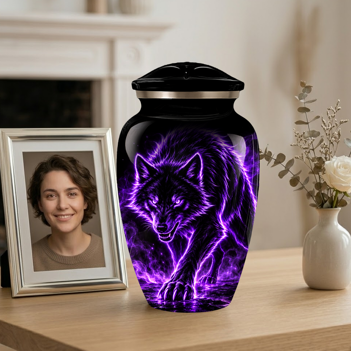 Purple Wolf Cremation Urn for Ashes | Personalized Wolf Memorial Urn | Black Wolf Adult Urn