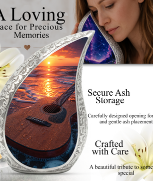 Beach Guitar Sunset Urn for Human Ashes | Adult Cremation Urn with Ocean & Guitar Memorial Design