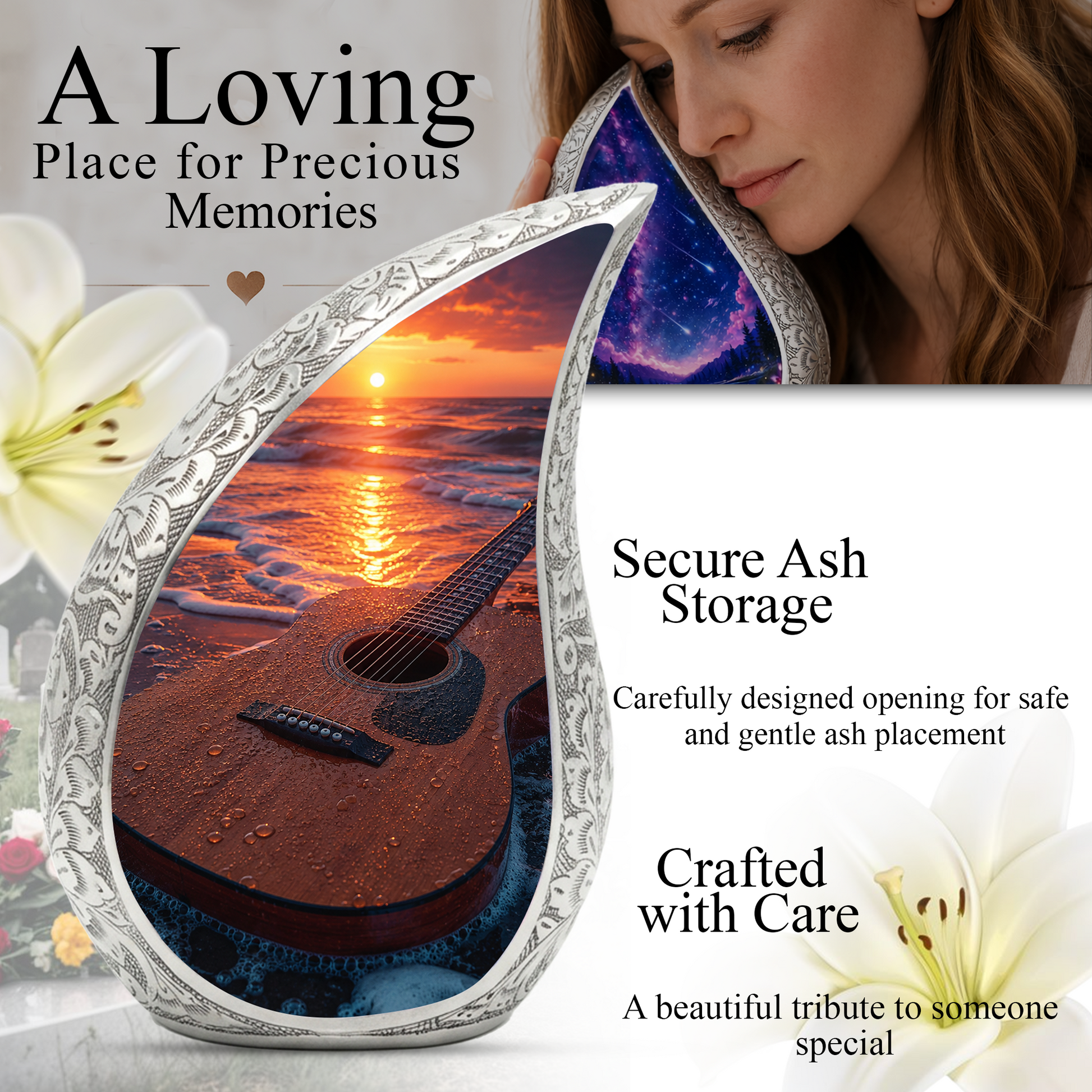 Beach Guitar Sunset Urn for Human Ashes | Adult Cremation Urn with Ocean & Guitar Memorial Design