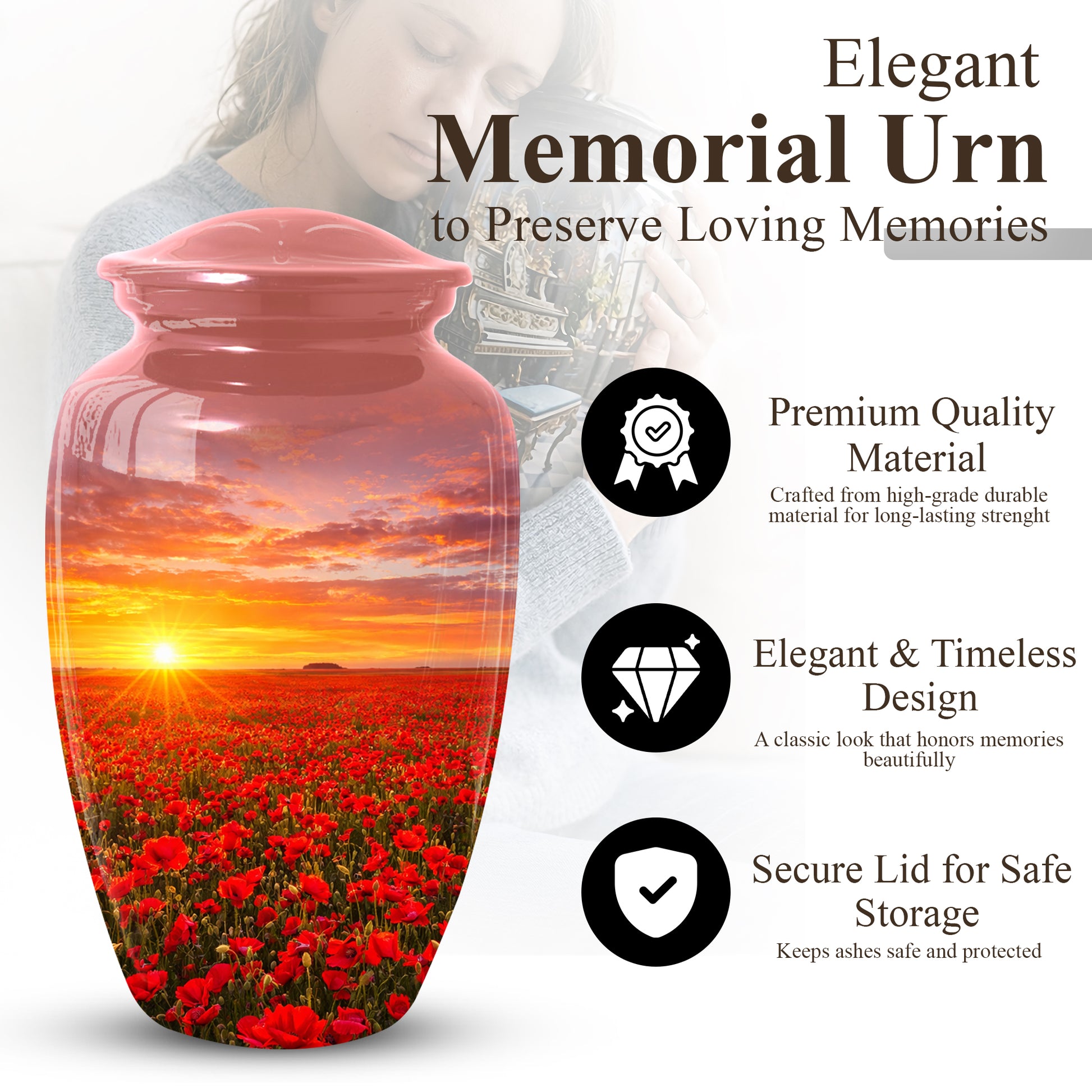 Poppy Flower Urn for Mom, Sunset Cremation Large Urn for Ashes