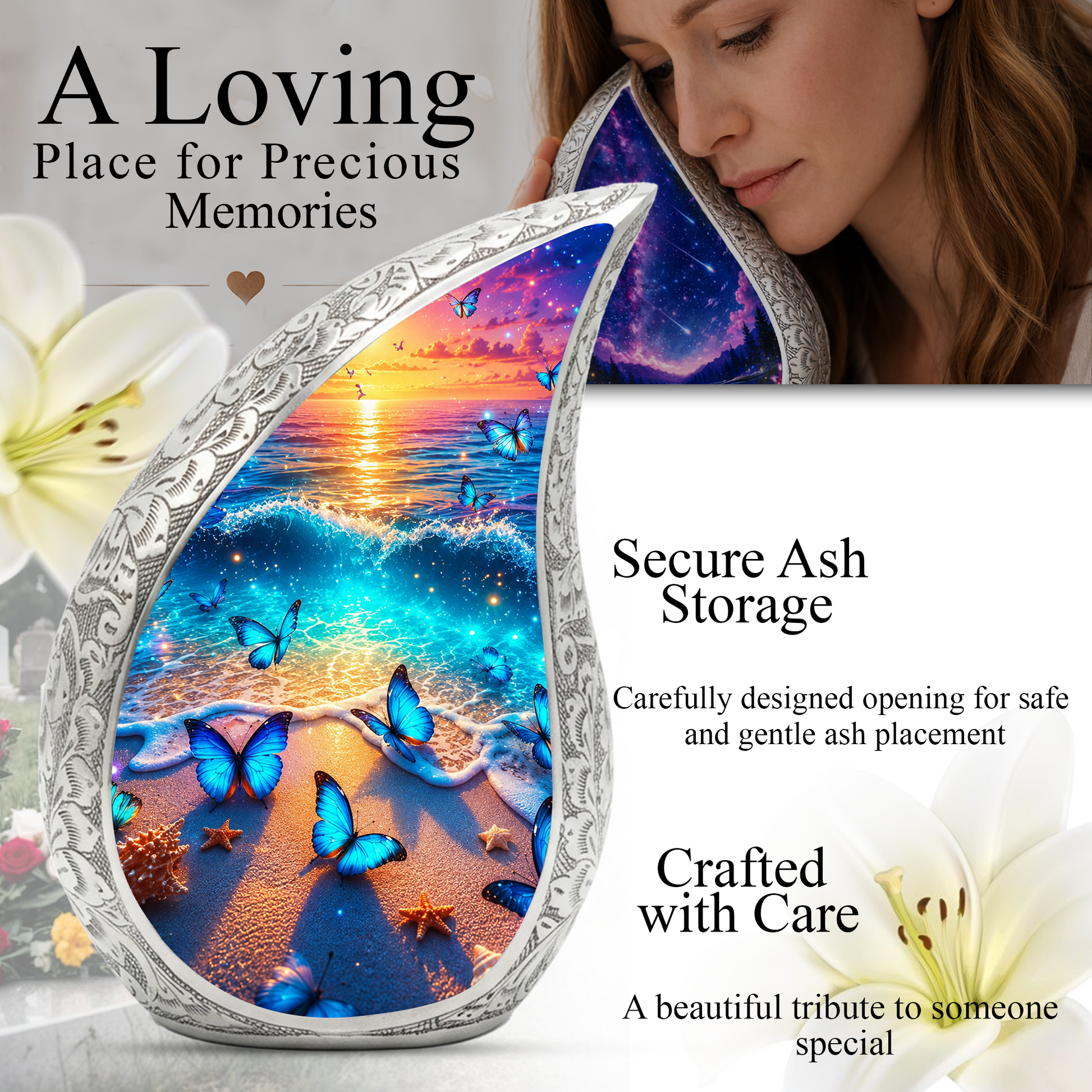 Butterfly Beach Urn for Human Ashes | Ocean Sunset Adult Cremation Urn | Beautiful Memorial Urn