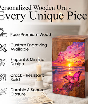 Butterfly Wooden Cremation Urn – Sunset Beach Memorial Urn for Ashes
