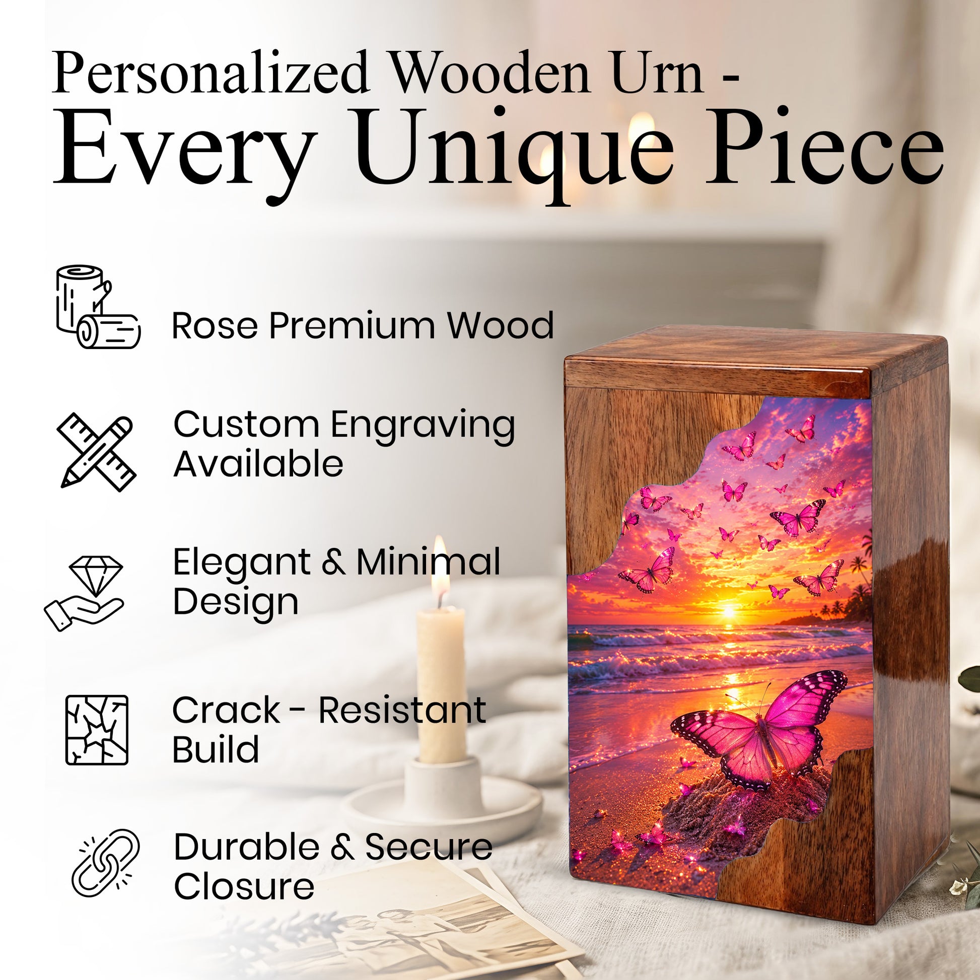 Butterfly Wooden Cremation Urn – Sunset Beach Memorial Urn for Ashes