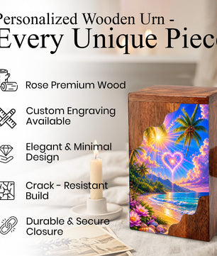 Tropical Beach Wooden Cremation Urn – Heart Sky Memorial Urn with Ocean Sunset Design