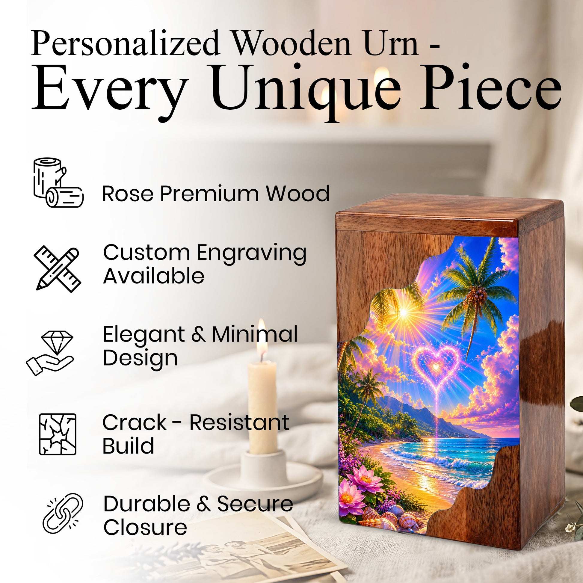 Tropical Beach Wooden Cremation Urn – Heart Sky Memorial Urn with Ocean Sunset Design