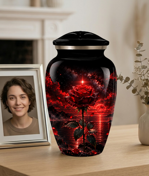 Red Rose Cremation Urn – Romantic Memorial Adult Urn for Ashes with Sunset Design