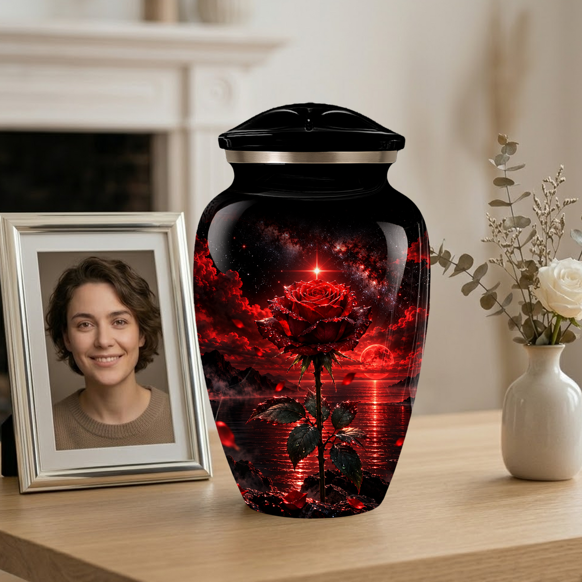Red Rose Cremation Urn – Romantic Memorial Adult Urn for Ashes with Sunset Design