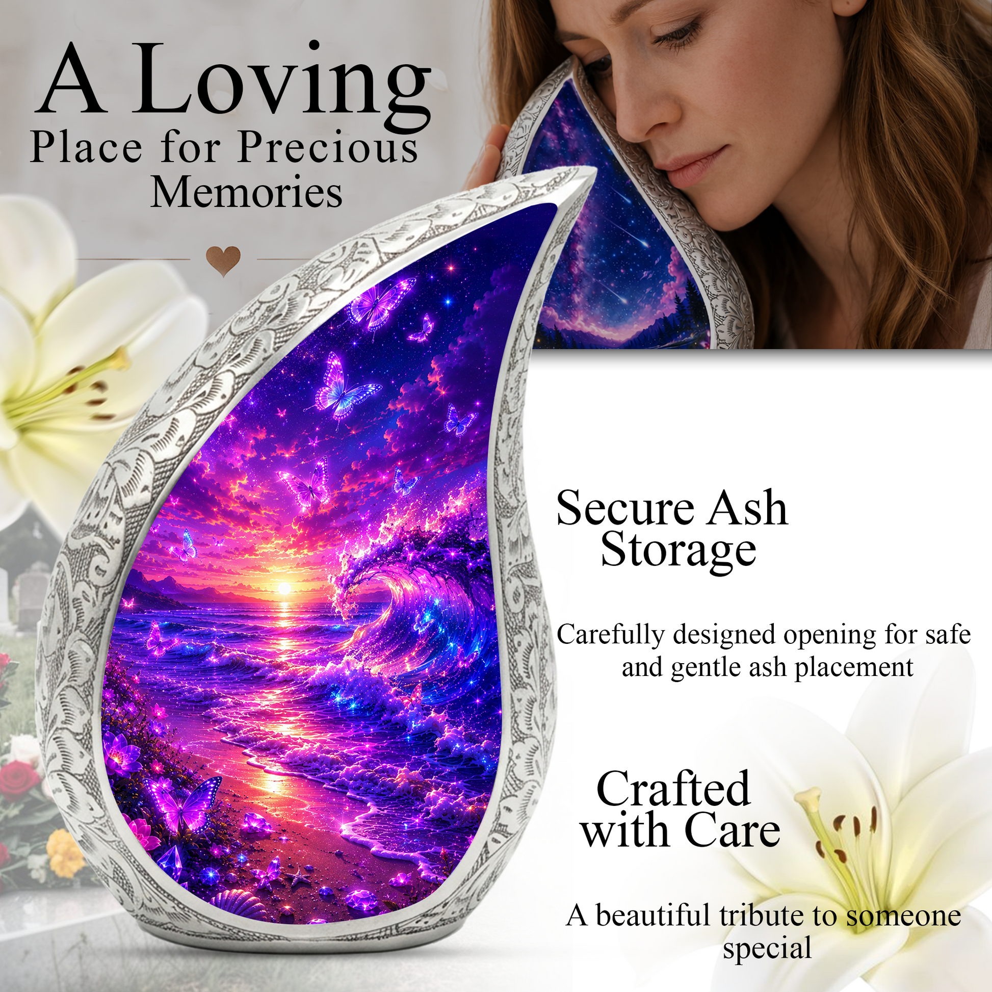 Butterfly Beach Cremation Urn for Adult Ashes | Beautiful Ocean Wave & Sunset Memorial Urn