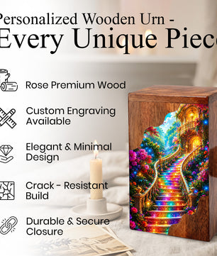 Enchanted Garden Stairway Wooden Cremation Urn – Personalized Memorial Urn for Human Ashes