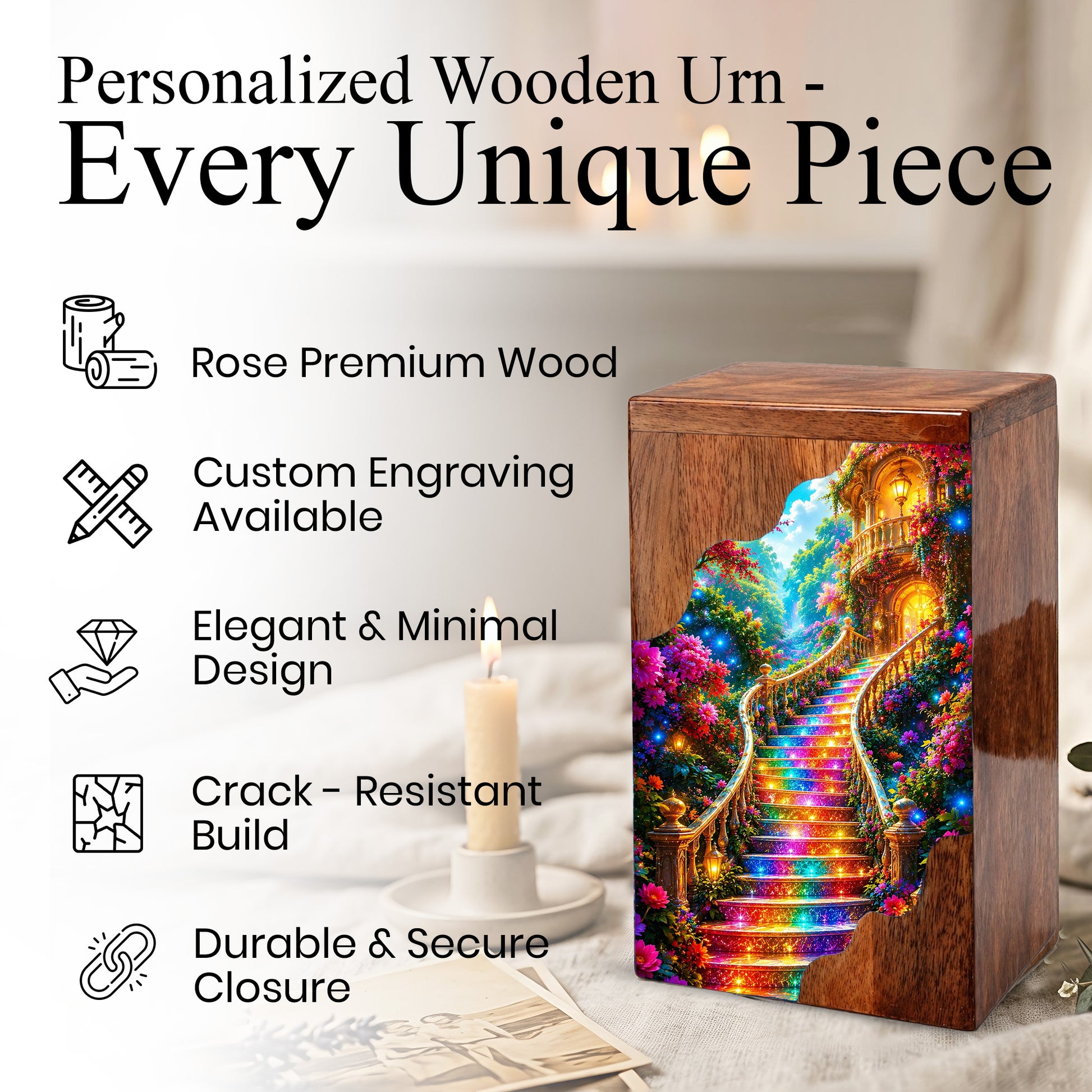 Enchanted Garden Stairway Wooden Cremation Urn – Personalized Memorial Urn for Human Ashes
