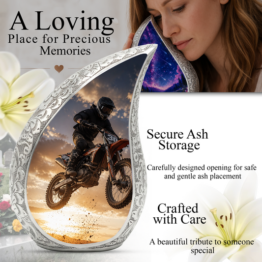 Motorcycle Rider Urn for Dad | Adult Male Cremation Urn for Ashes | Motorcycle Memorial Urn for Men