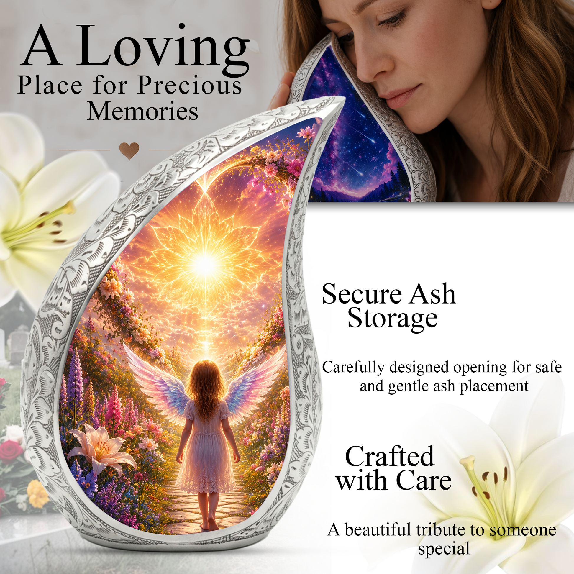 Angel Girl Cremation Urn for Mom, Women & Daughters | Beautiful Female Urn for Human Ashes | Keepsake Memorial Urn