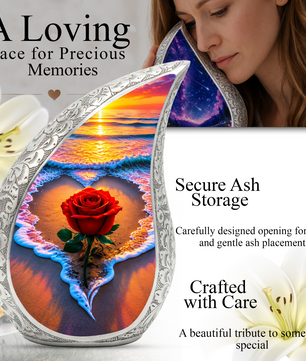 Red Rose Ocean Sunset Urn for Ashes | Beach Urn for Human Ashes, Ocean Wave Cremation Urn