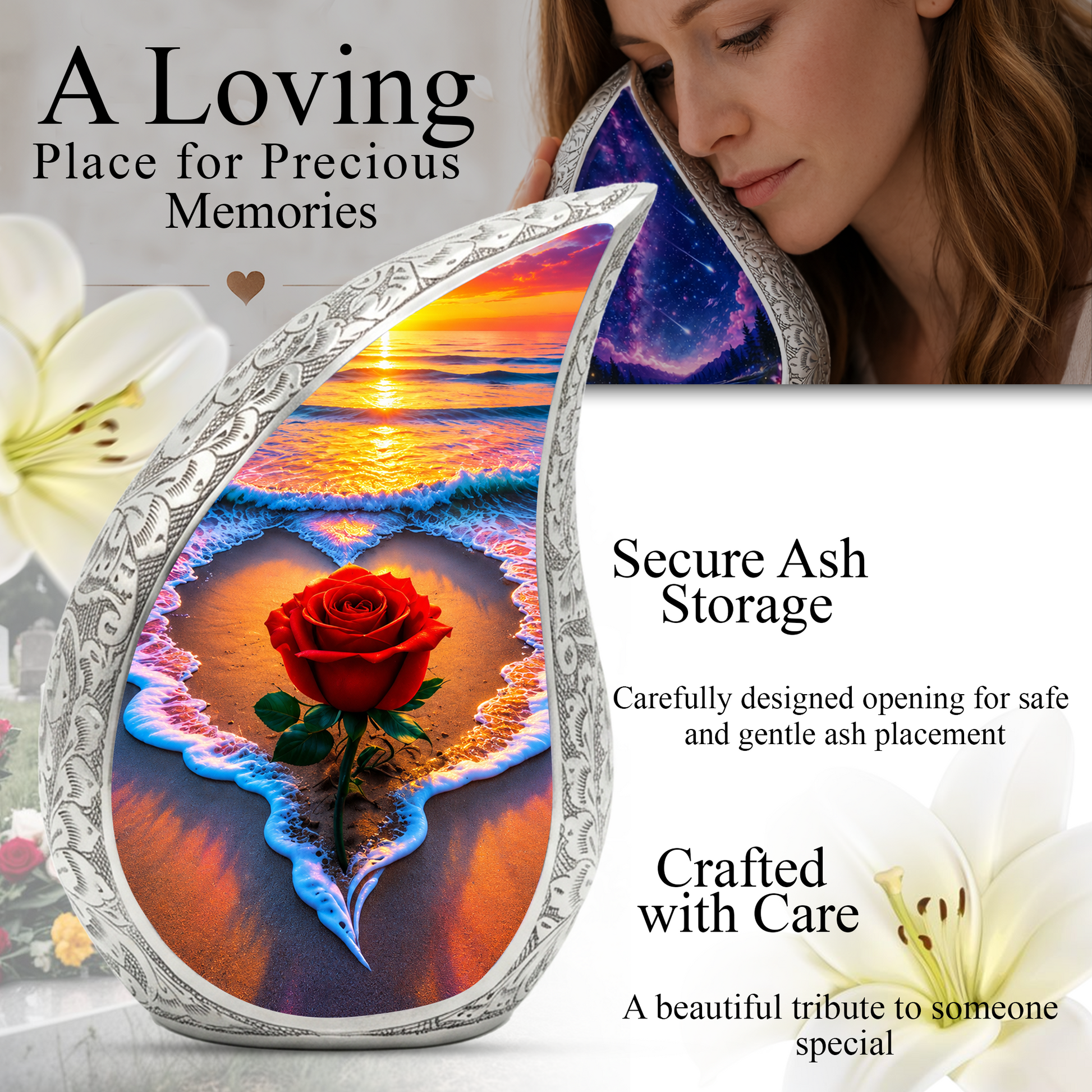 Red Rose Ocean Sunset Urn for Ashes | Beach Urn for Human Ashes, Ocean Wave Cremation Urn