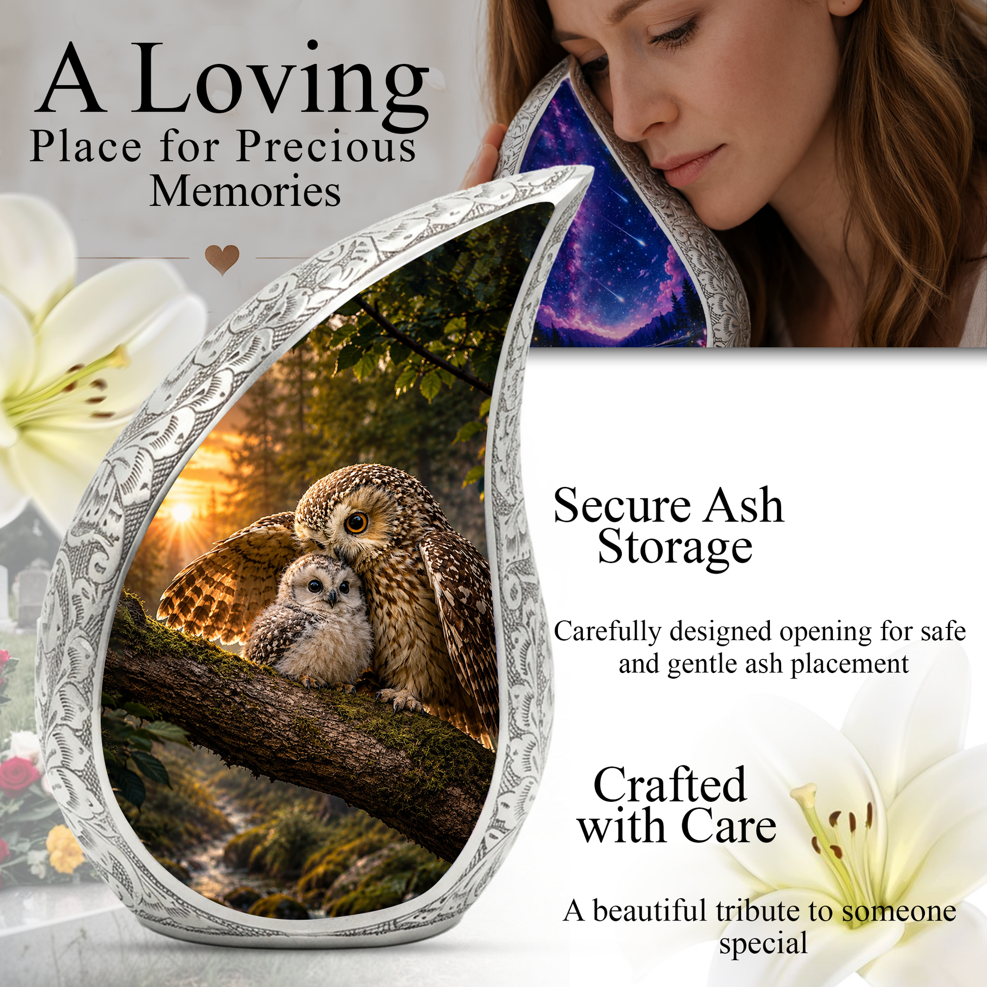 Owl Sunset Urn for Human Ashes | Beautiful Owl Adult Cremation Urn | Wildlife Sunset Memorial Urn