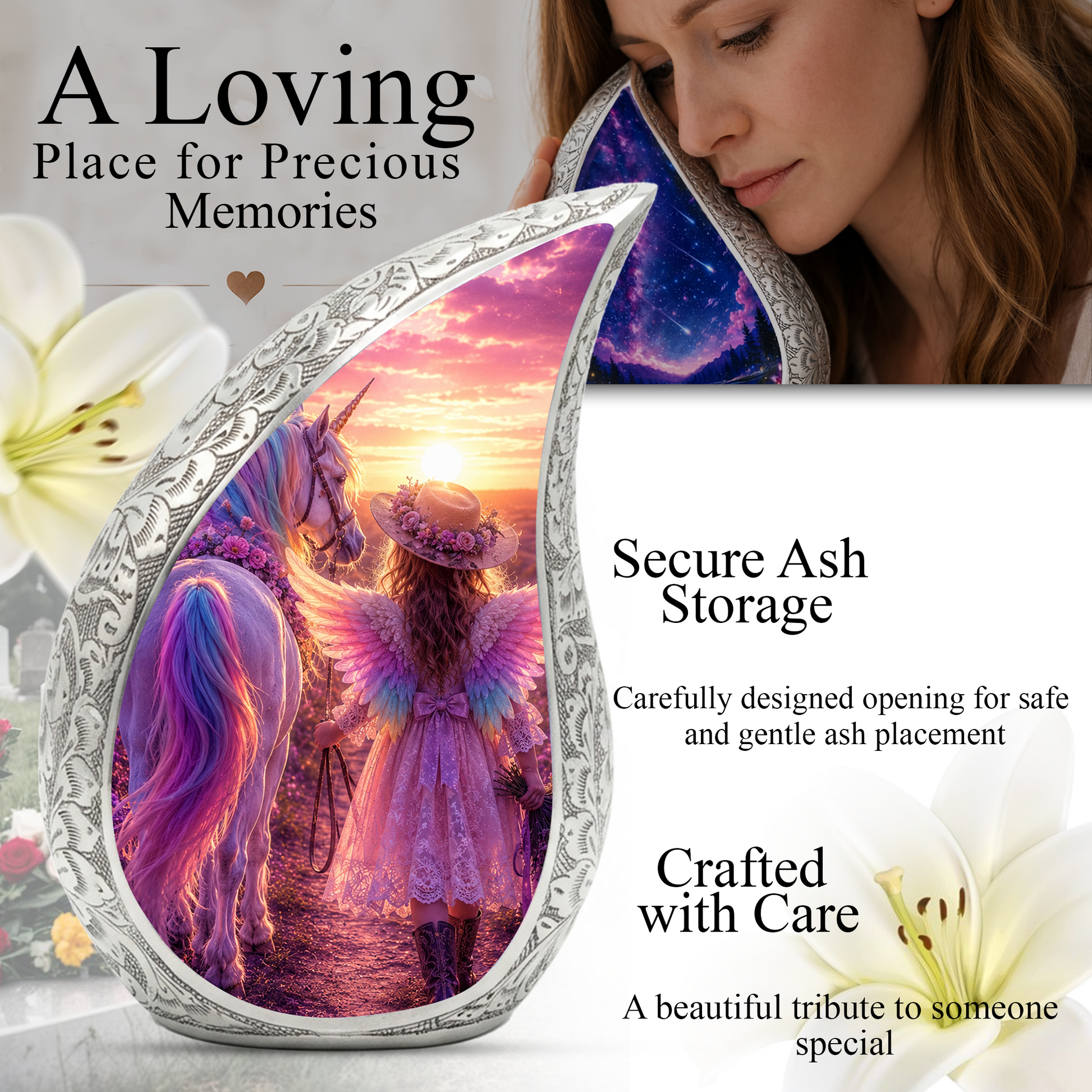 Pink Unicorn Angel Girl Urn for Human Ashes – Beautiful Girl Cremation Urn & Memorial Keepsake