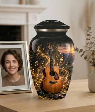 Personalized Guitar Cremation Urn for Ashes, Musical Instrument Urn with Golden Music Notes, Custom Music Lover Urn
