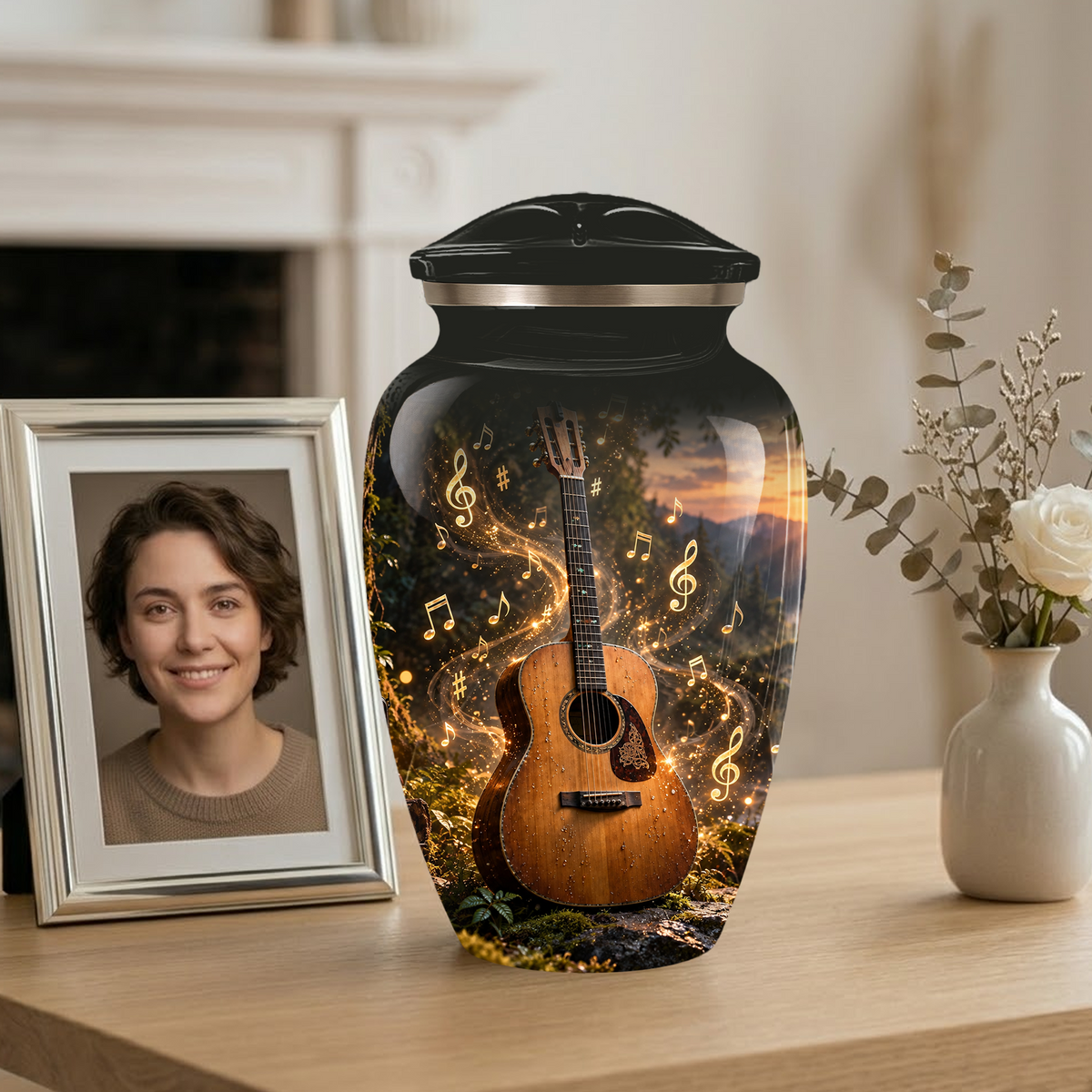 Personalized Guitar Cremation Urn for Ashes, Musical Instrument Urn with Golden Music Notes, Custom Music Lover Urn