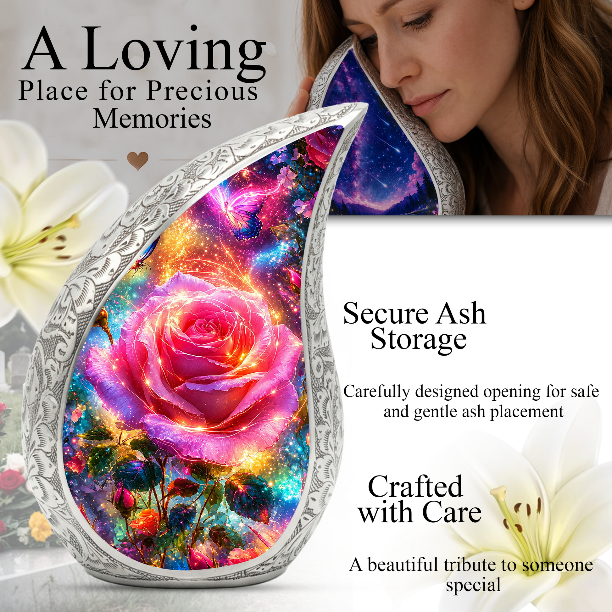 Pink Rose Urn for Mom & Women | Beautiful Floral Cremation Urn for Female Ashes | Mother, Sister & Daughter Memorial