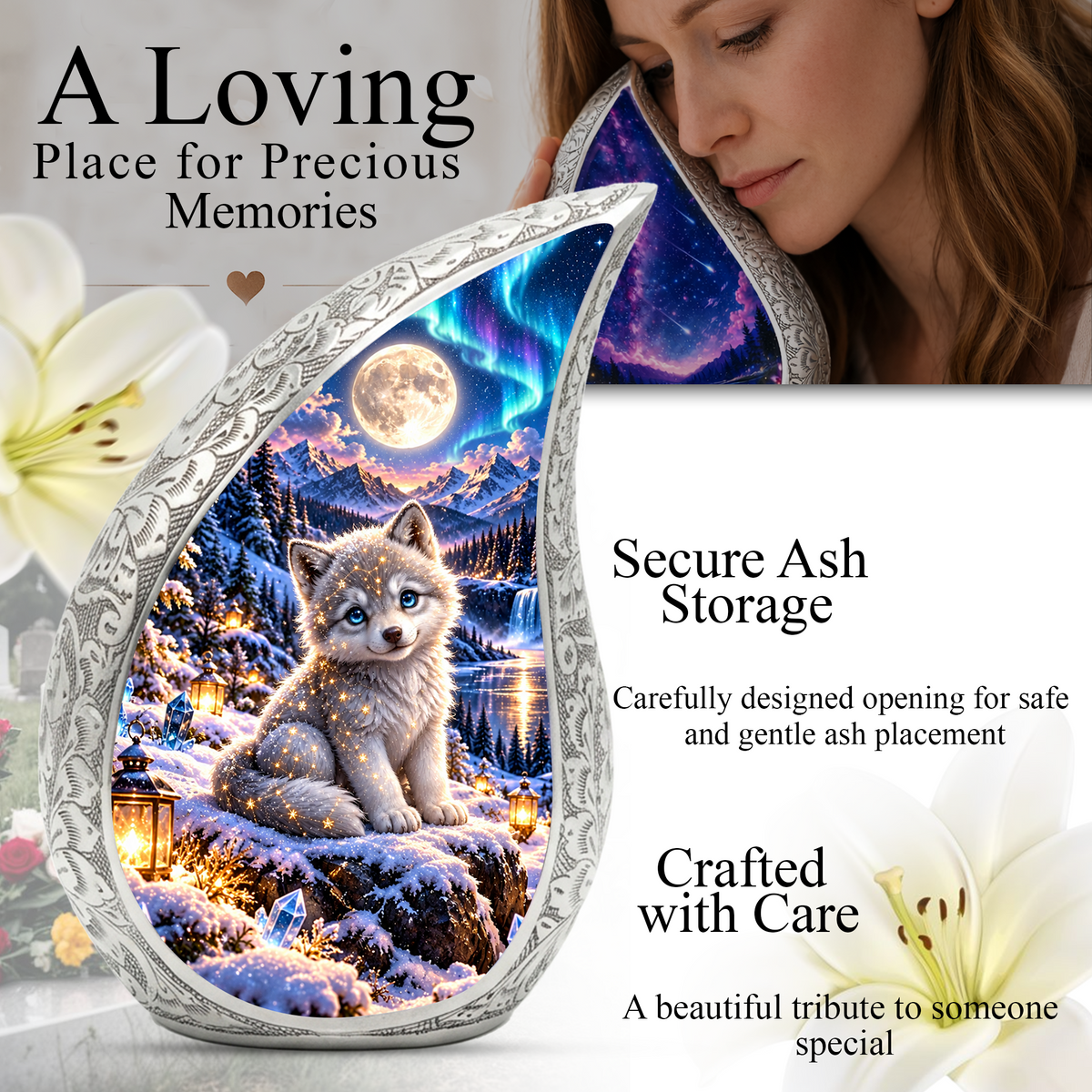 Wolf Urn for Ashes, Husky Puppy Aluminum Cremation Urn