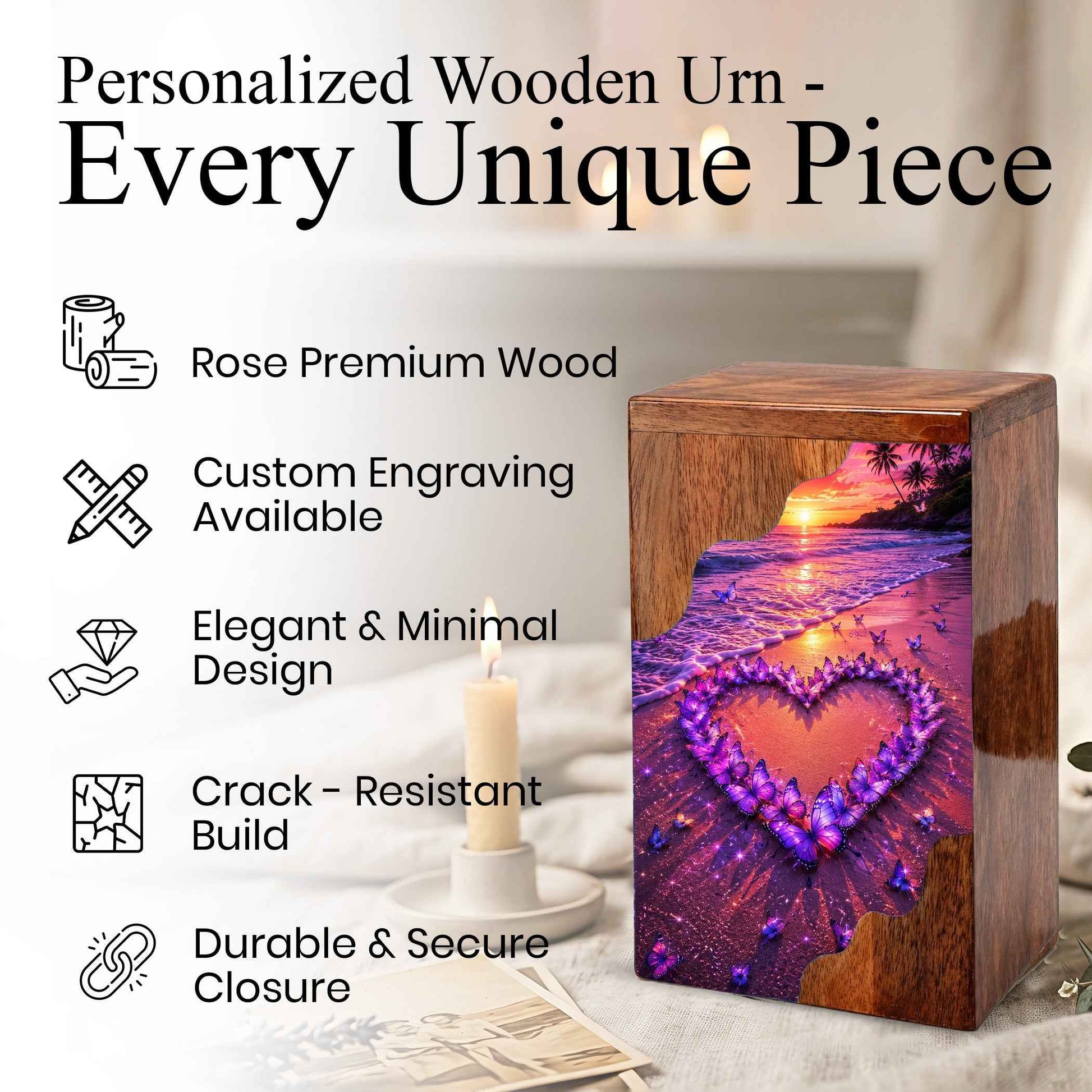 Butterfly Heart Beach Wooden Cremation Urn – Personalized Memorial Urn for Human Ashes