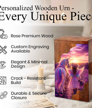 Angel Girl Wooden Cremation Urn – Fantasy Sunset Memorial Wooden Urn for Human Ashes