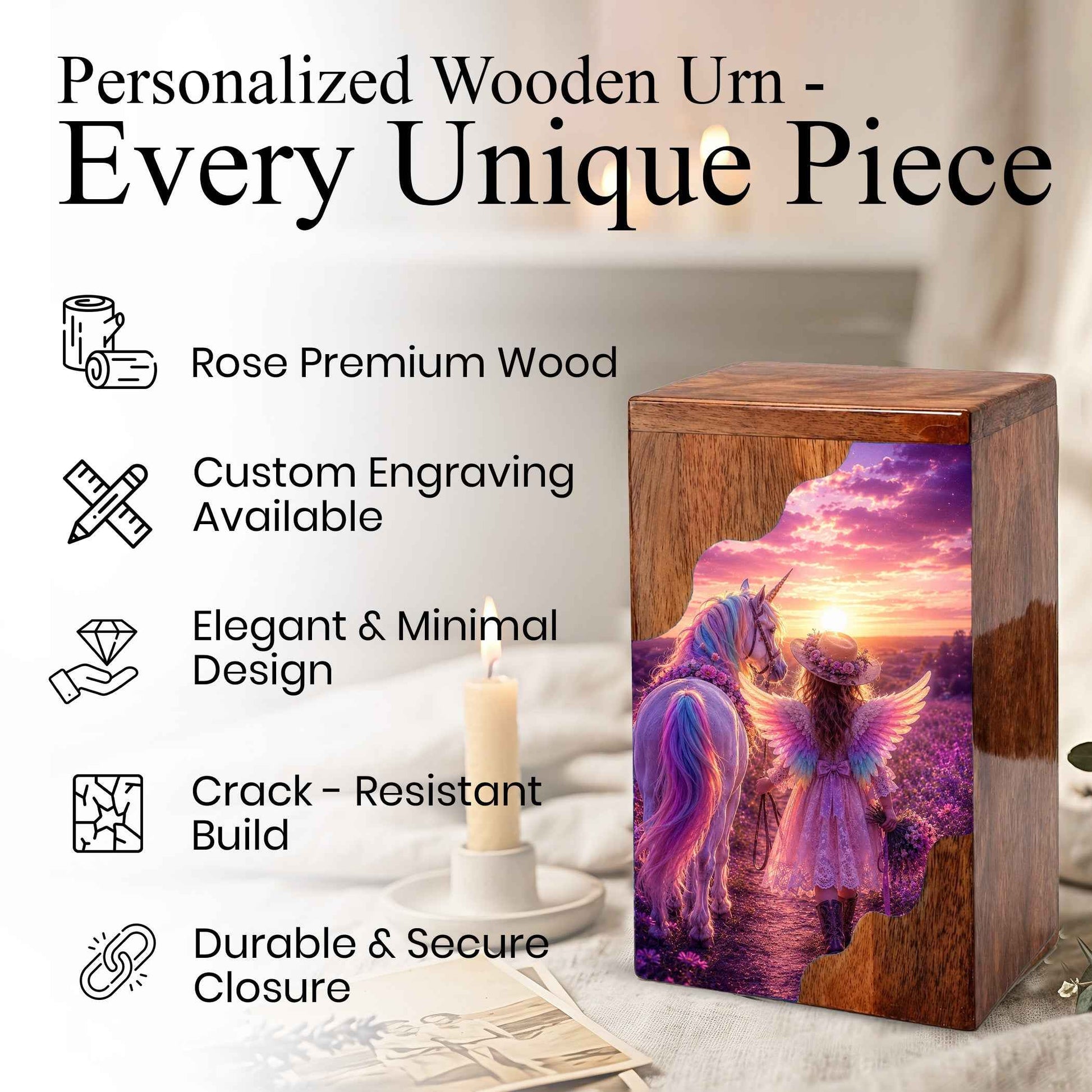 Angel Girl Wooden Cremation Urn – Fantasy Sunset Memorial Wooden Urn for Human Ashes