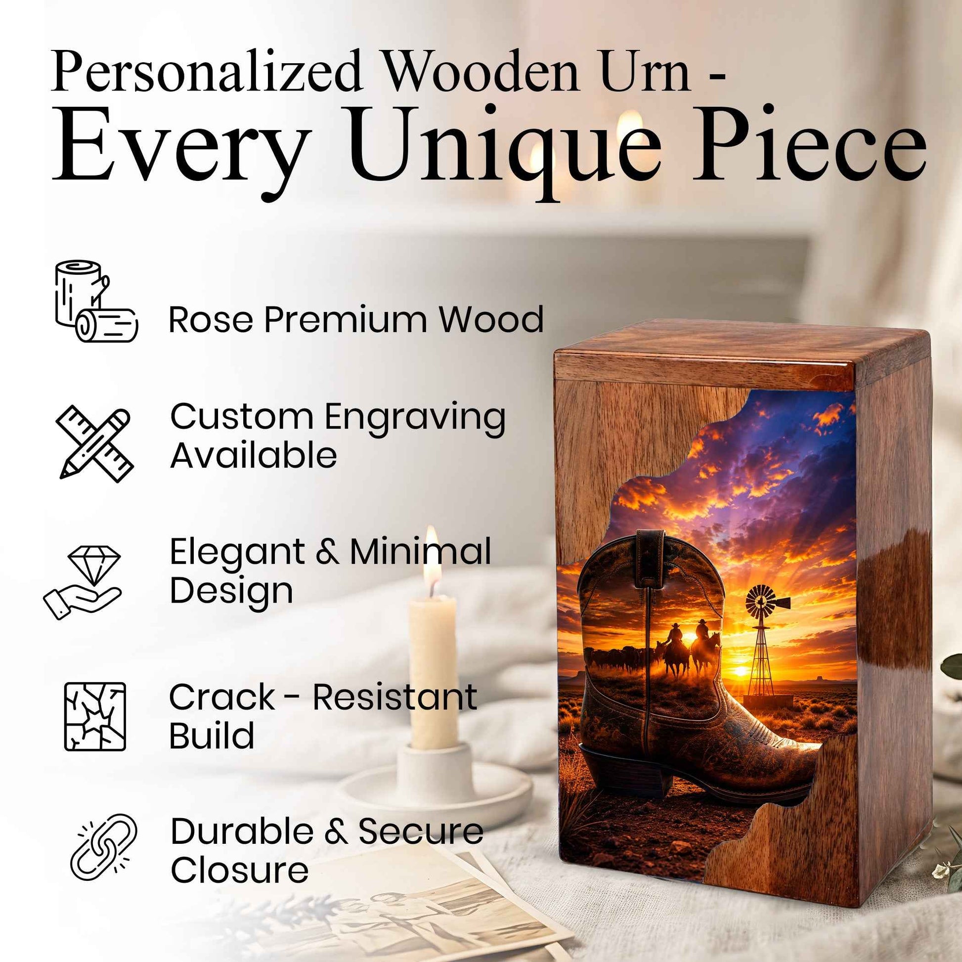 Cowboy Boot Wooden Cremation Urn – Wooden Urn for Human Ashes