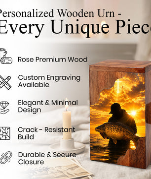 Fisherman Heaven Wooden Cremation Urn – Sunset Fishing Memorial Urn
