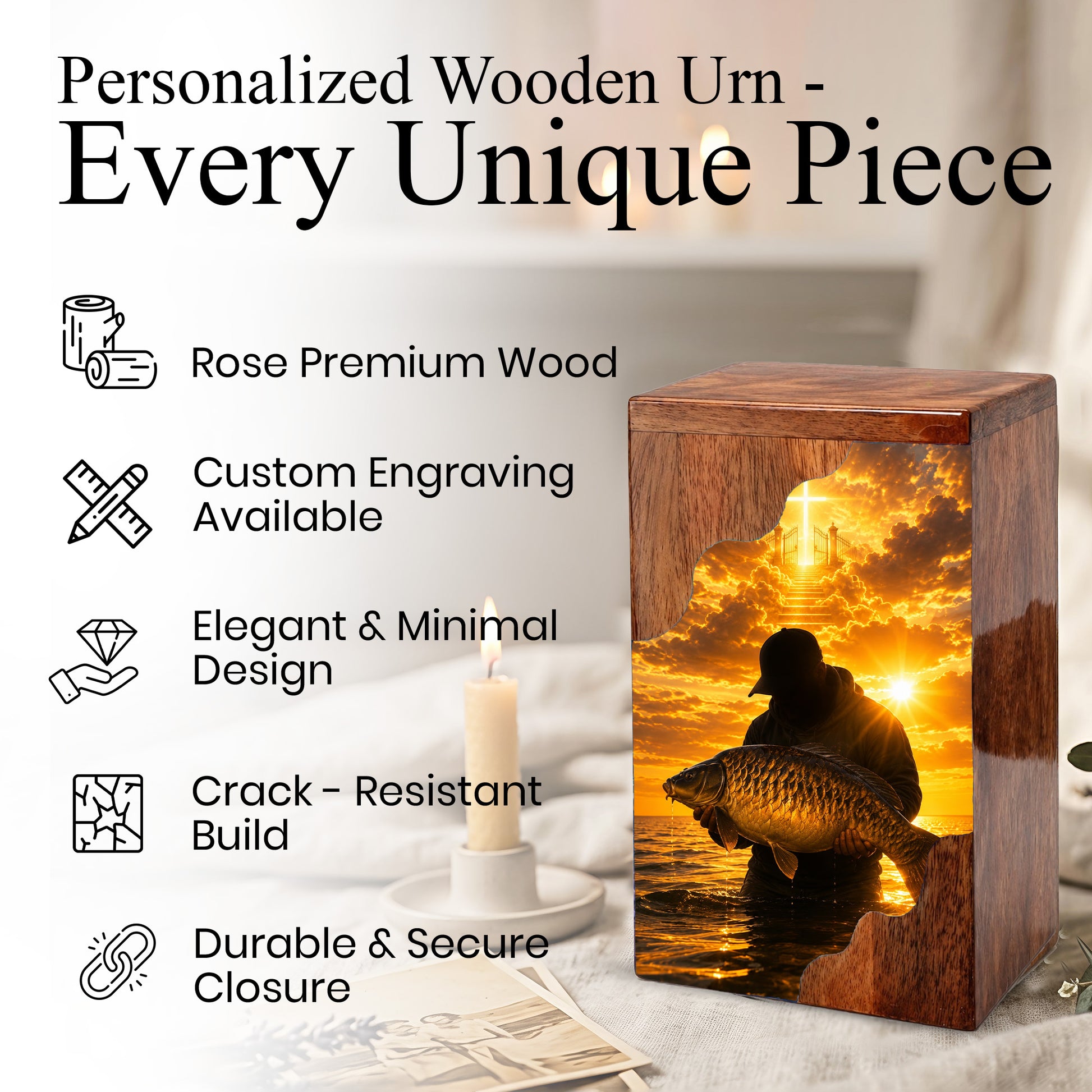 Fisherman Heaven Wooden Cremation Urn – Sunset Fishing Memorial Urn