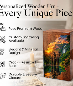 Elephant Wooden Cremation Urn – Waterfall Memorial Urn for Human Ashes