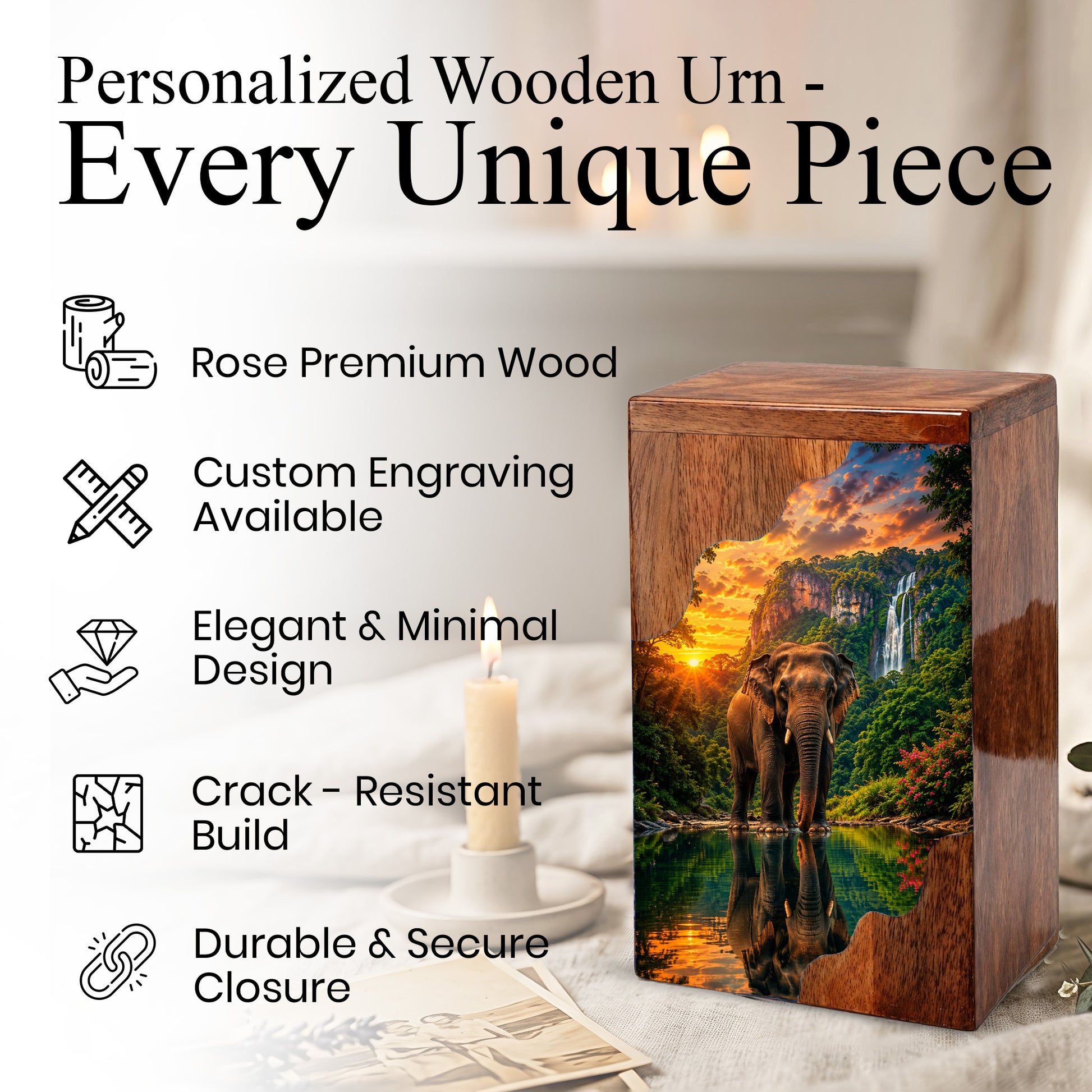 Elephant Wooden Cremation Urn – Waterfall Memorial Urn for Human Ashes
