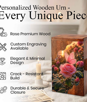 Pink Rose & Butterfly Wooden Cremation Urn – Personalized Memorial Urn for Human Ashes