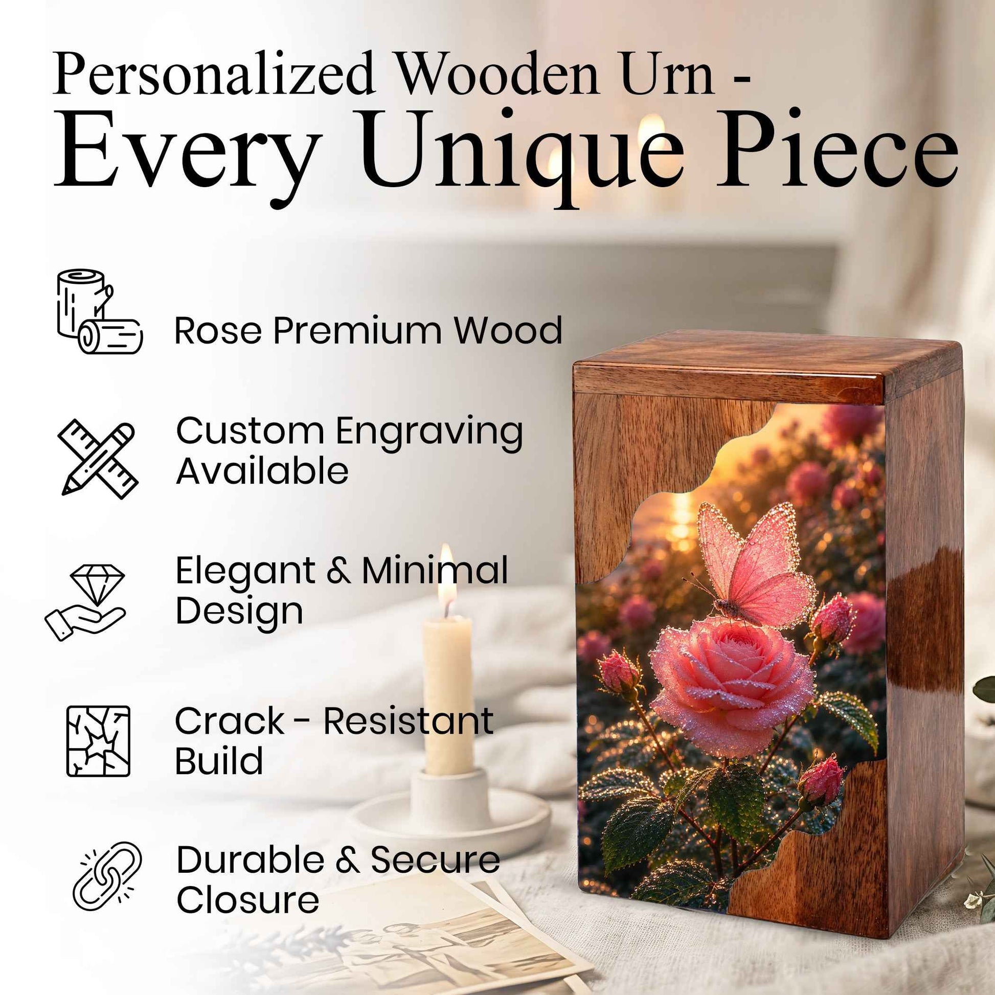 Pink Rose & Butterfly Wooden Cremation Urn – Personalized Memorial Urn for Human Ashes