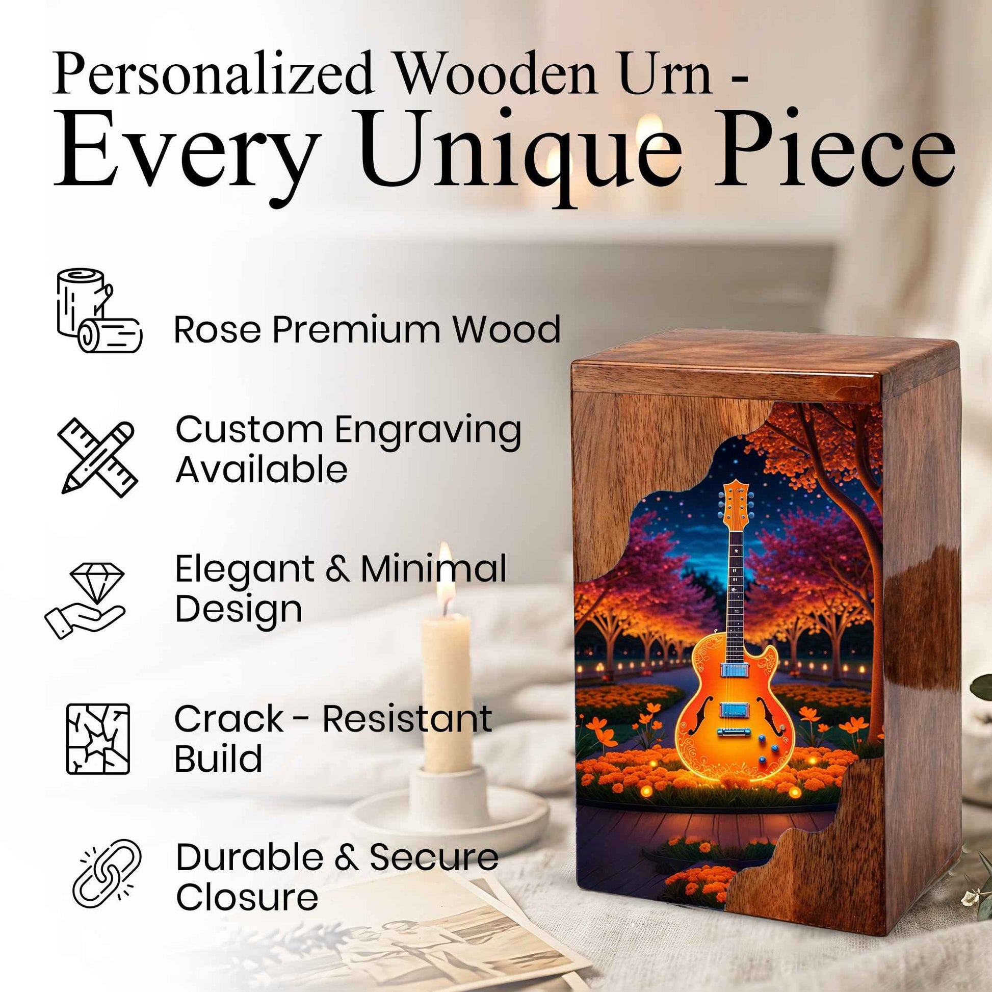Guitar Wooden Cremation Urn – Custom Music Memorial Urn | Wooden Urn for Human Ashes
