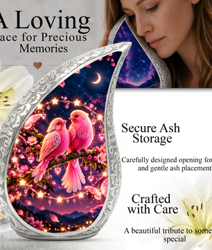 Pink Love Birds Urn for Human Ashes, Adult Cremation Urn with Two Birds and Flowers