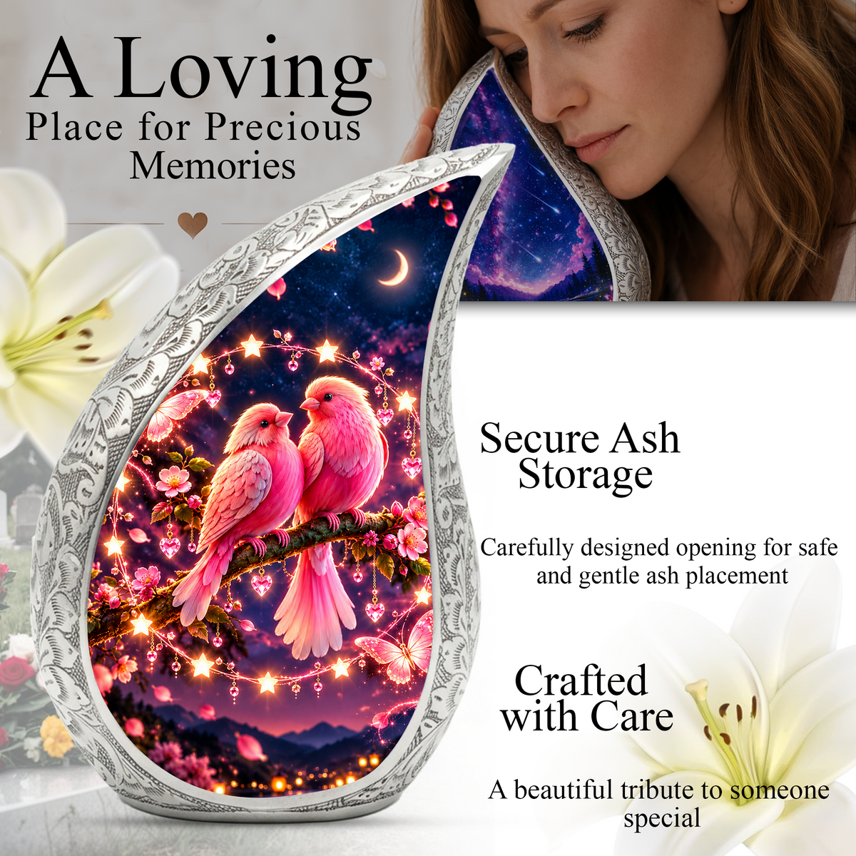 Pink Love Birds Urn for Human Ashes, Adult Cremation Urn with Two Birds and Flowers