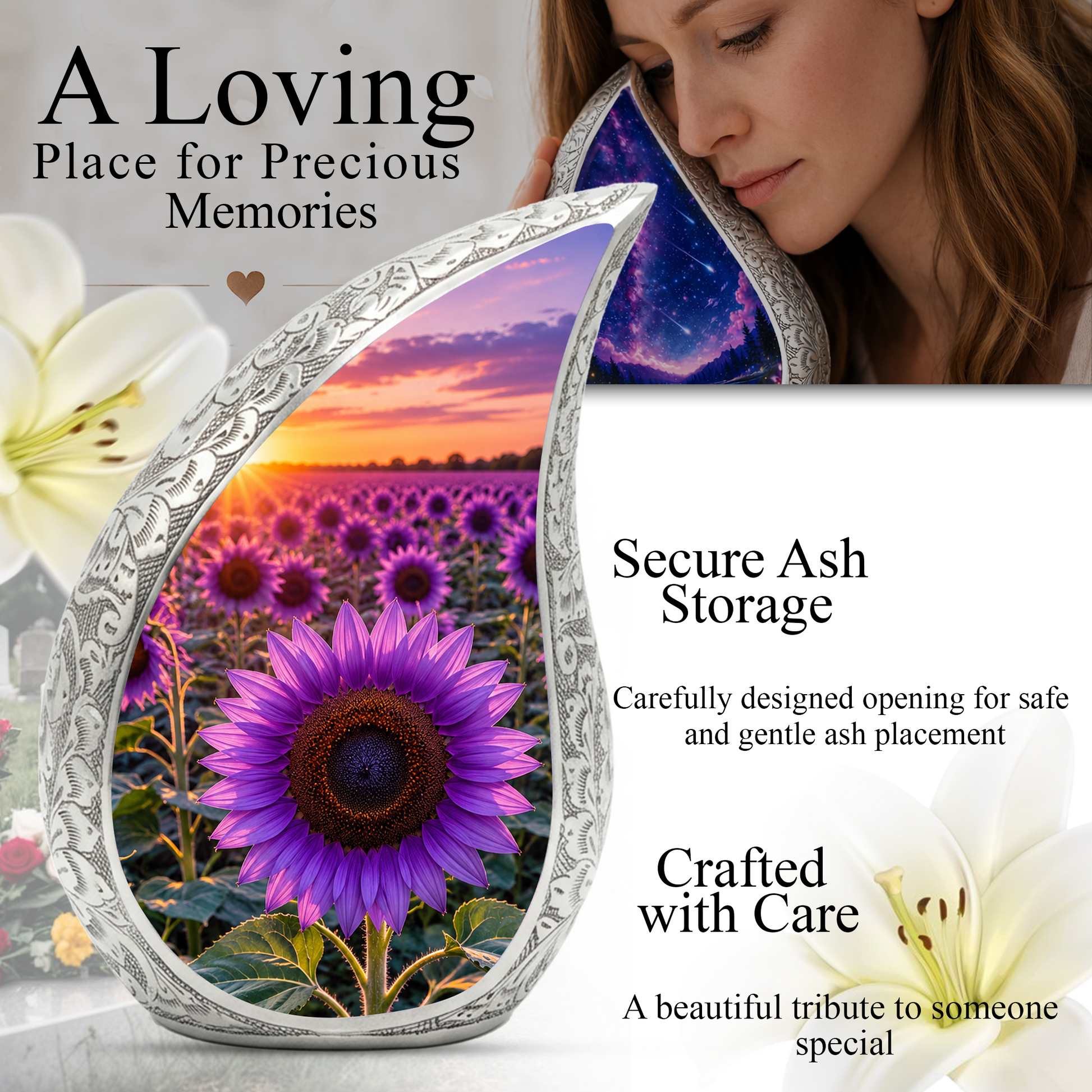 Purple Sunflower Urn for Mom | Beautiful Floral Cremation Urn for Women & Human Ashes