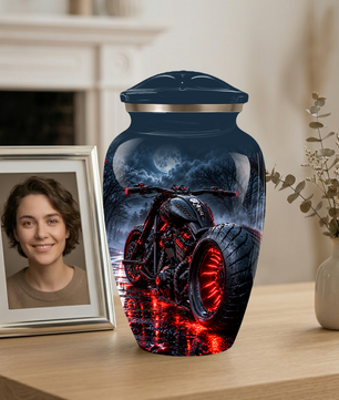 Personalized Adult Cremation Urn for Ashes, Custom Motorcycle Memorial Urn, Black Chopper with Red LED Lights