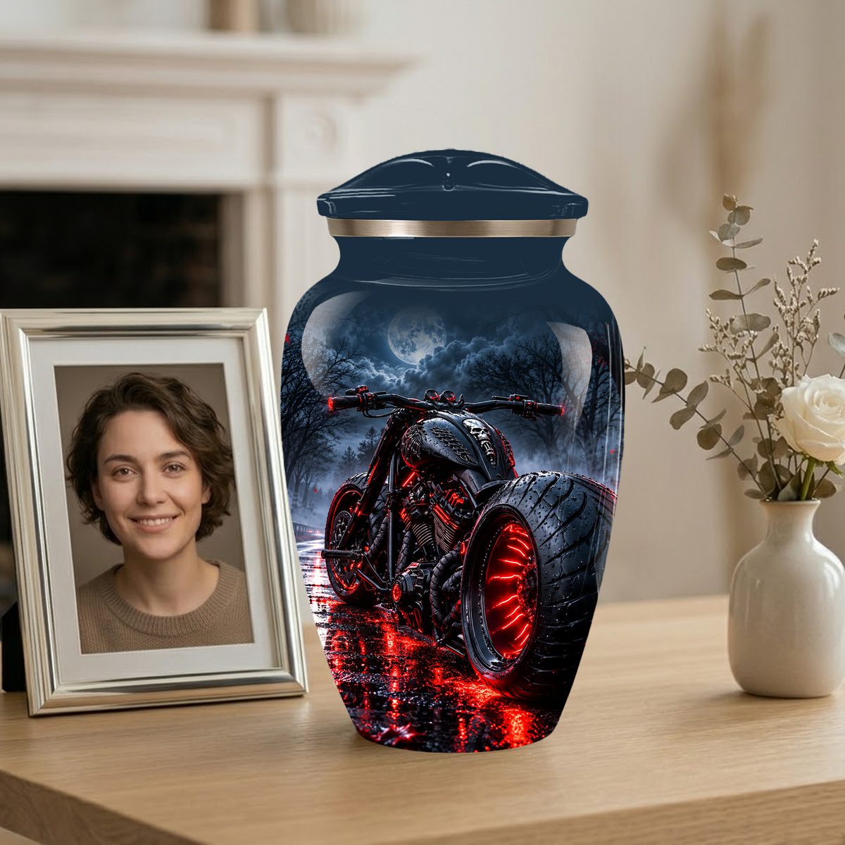 Personalized Adult Cremation Urn for Ashes, Custom Motorcycle Memorial Urn, Black Chopper with Red LED Lights