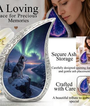 Personalized Husky Cremation Urn – Custom Dog Memorial Urn for Ashes, Northern Lights Pet Memorial, Teardrop Aluminum Adult Urn, 10 Inch