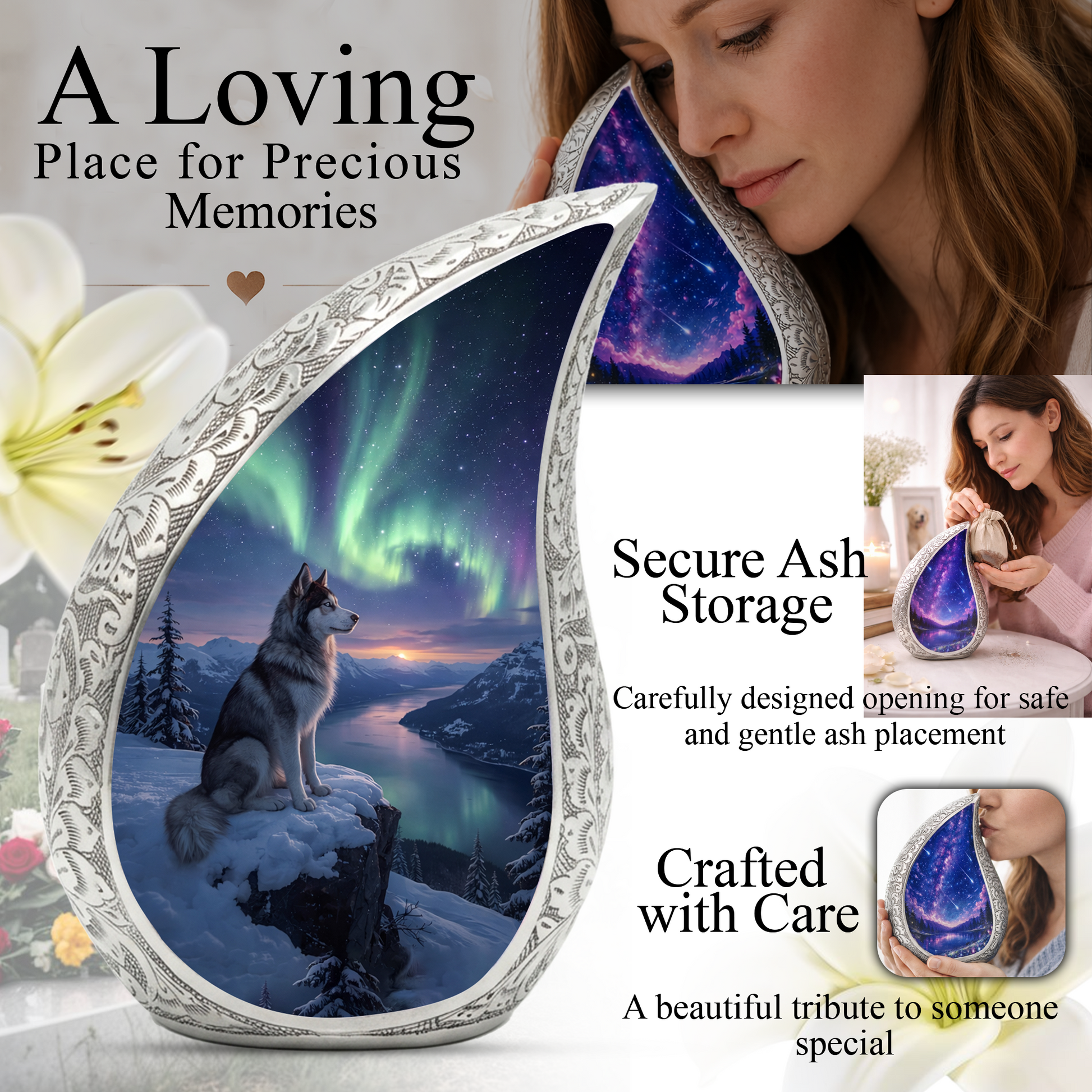 Personalized Husky Cremation Urn – Custom Dog Memorial Urn for Ashes, Northern Lights Pet Memorial, Teardrop Aluminum Adult Urn, 10 Inch