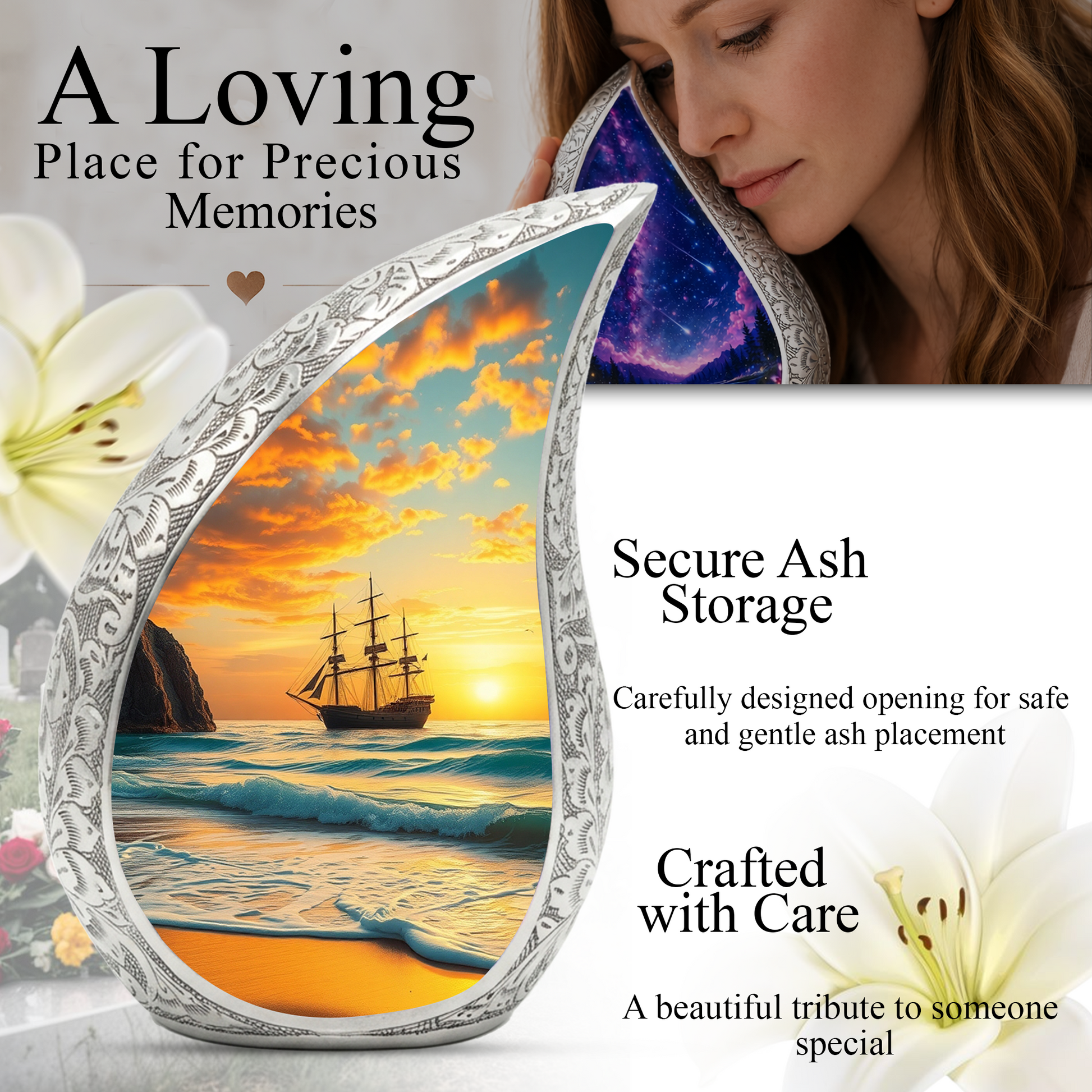 Sunset Sailing Personalized Cremation Urn – Teardrop Style Aluminum Memorial Urn, 10 Inch