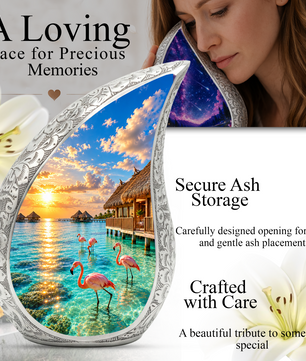 Flamingo Cremation Urn for Ashes, Tropical Beach Sunset Adult Memorial Urn
