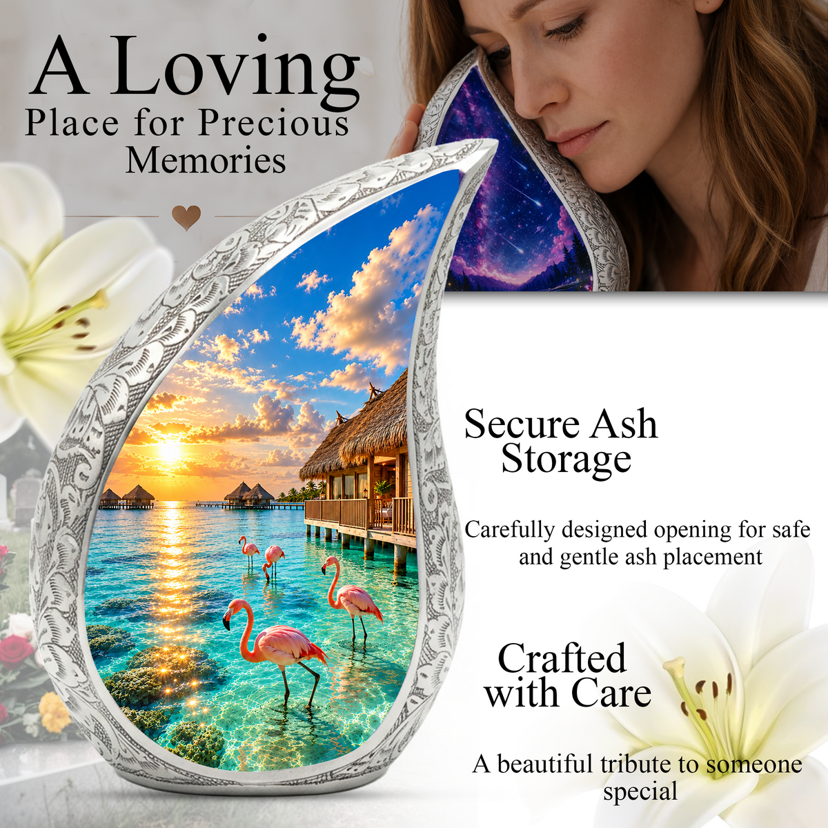 Flamingo Cremation Urn for Ashes, Tropical Beach Sunset Adult Memorial Urn