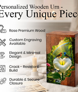Rainbow Birds Wooden Cremation Urn – Personalized Memorial Urn for Human Ashes