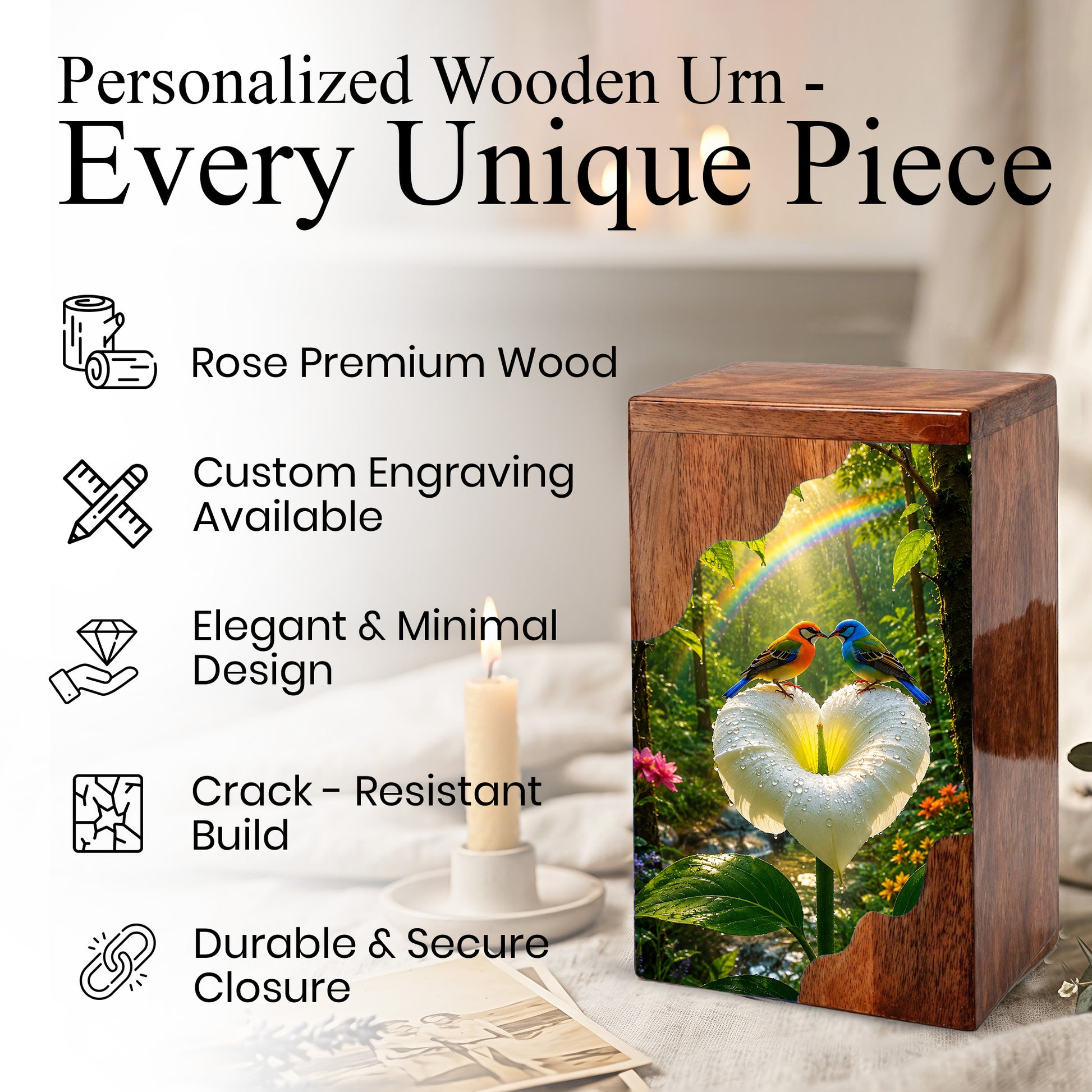 Rainbow Birds Wooden Cremation Urn – Personalized Memorial Urn for Human Ashes