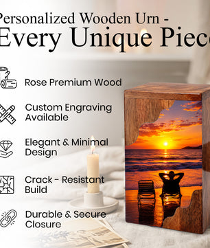 Personalised Wooden Beach Urn for Dad | Wooden Cremation Urn for Human Ashes