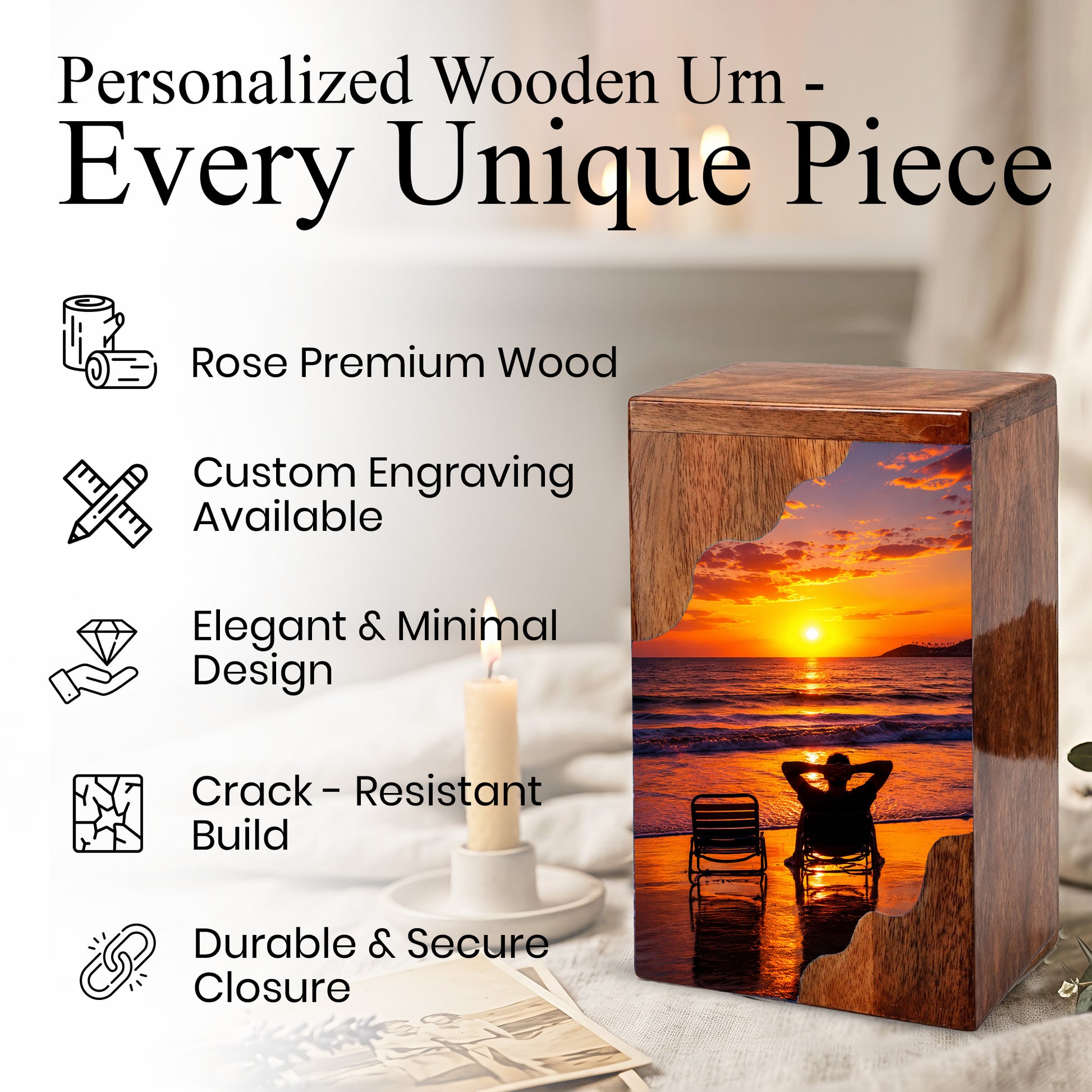 Personalised Wooden Beach Urn for Dad | Wooden Cremation Urn for Human Ashes